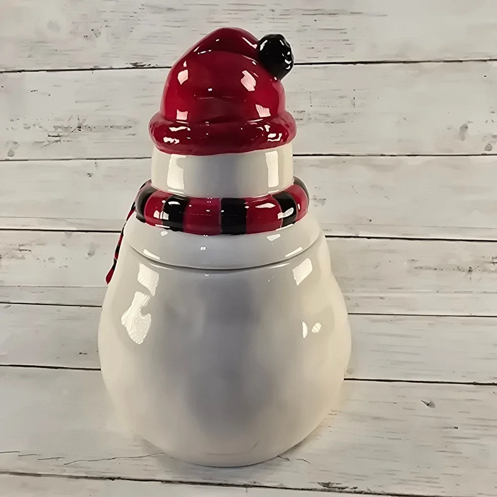 Pier 1 Imports Snowman Cookie Jar Hand Painted Dolomite Red Black Scarf 9.5in